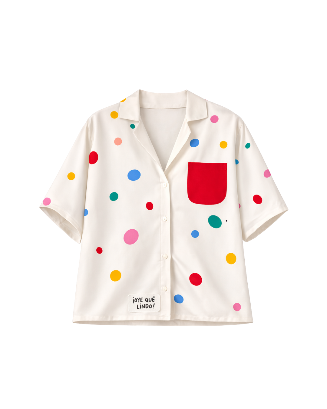 camisa unisex de color blanco con lunares ilustrados de colores y bolsillo rojo