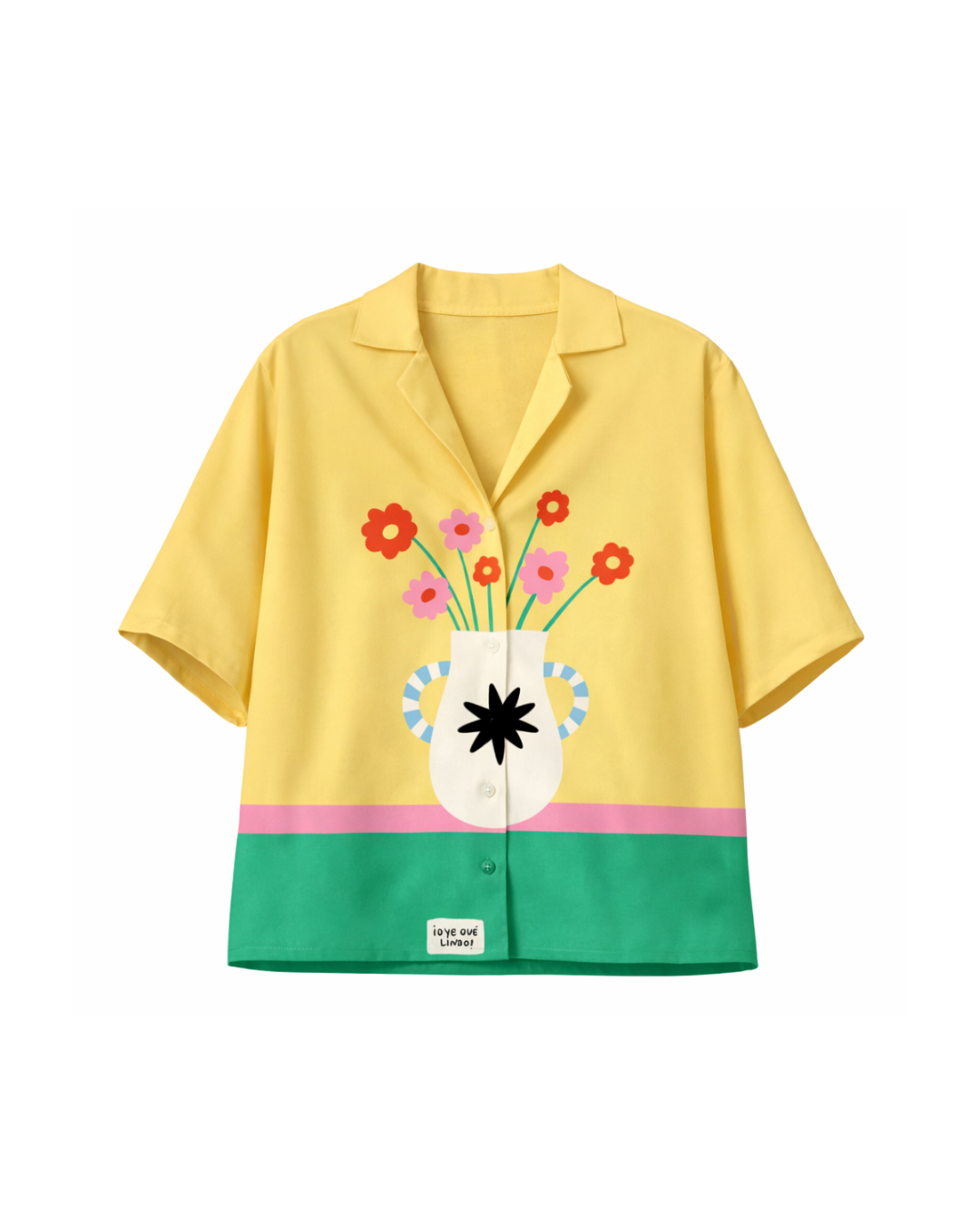 camisa unisex color amarilla con ilustracion de jarron con flores
