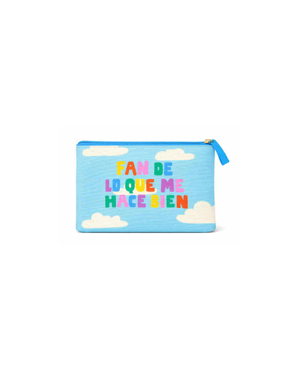 neceser celeste con ilustracion de nubes y frase fan de lo que me hace bien
