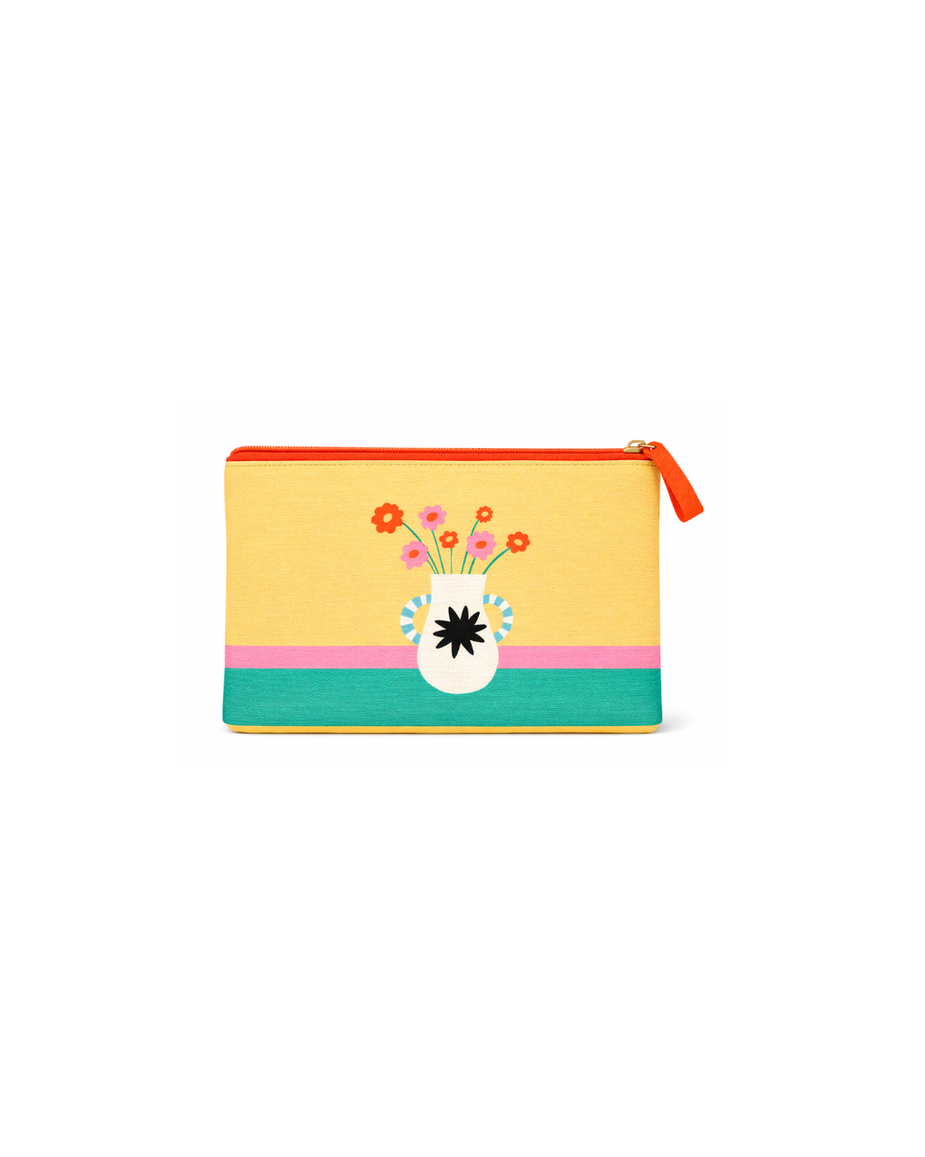 neceser ilustrado con jarron de flores colors amarillo rosa y verde