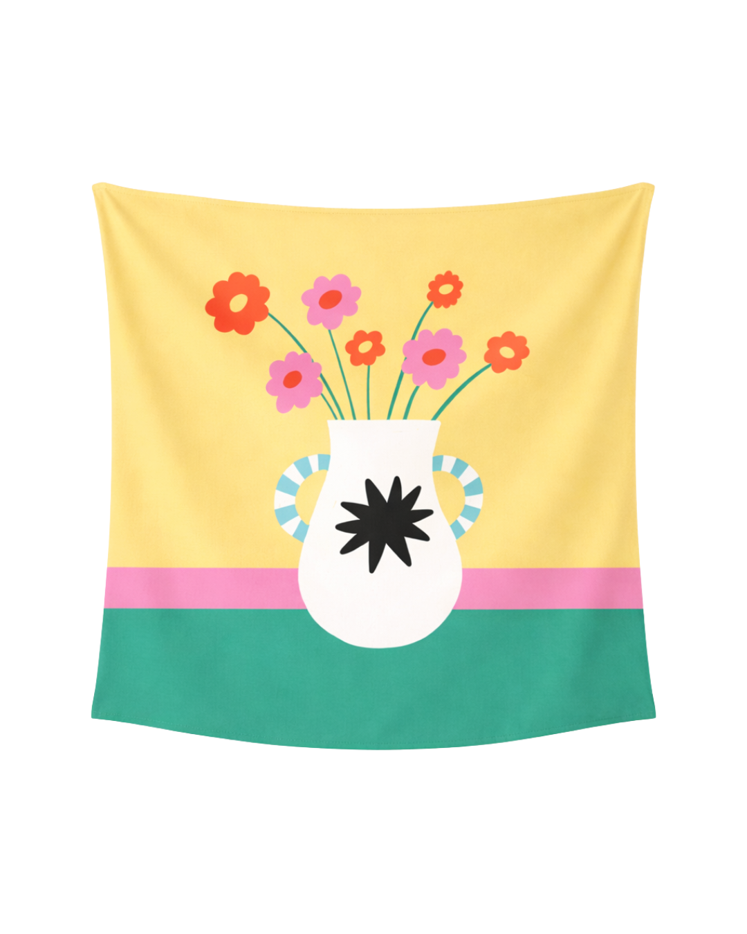 pañuelo de seda con ilustracion de una jarron con flores con fondo amarilla y franjas inferiores en color rosado y verde