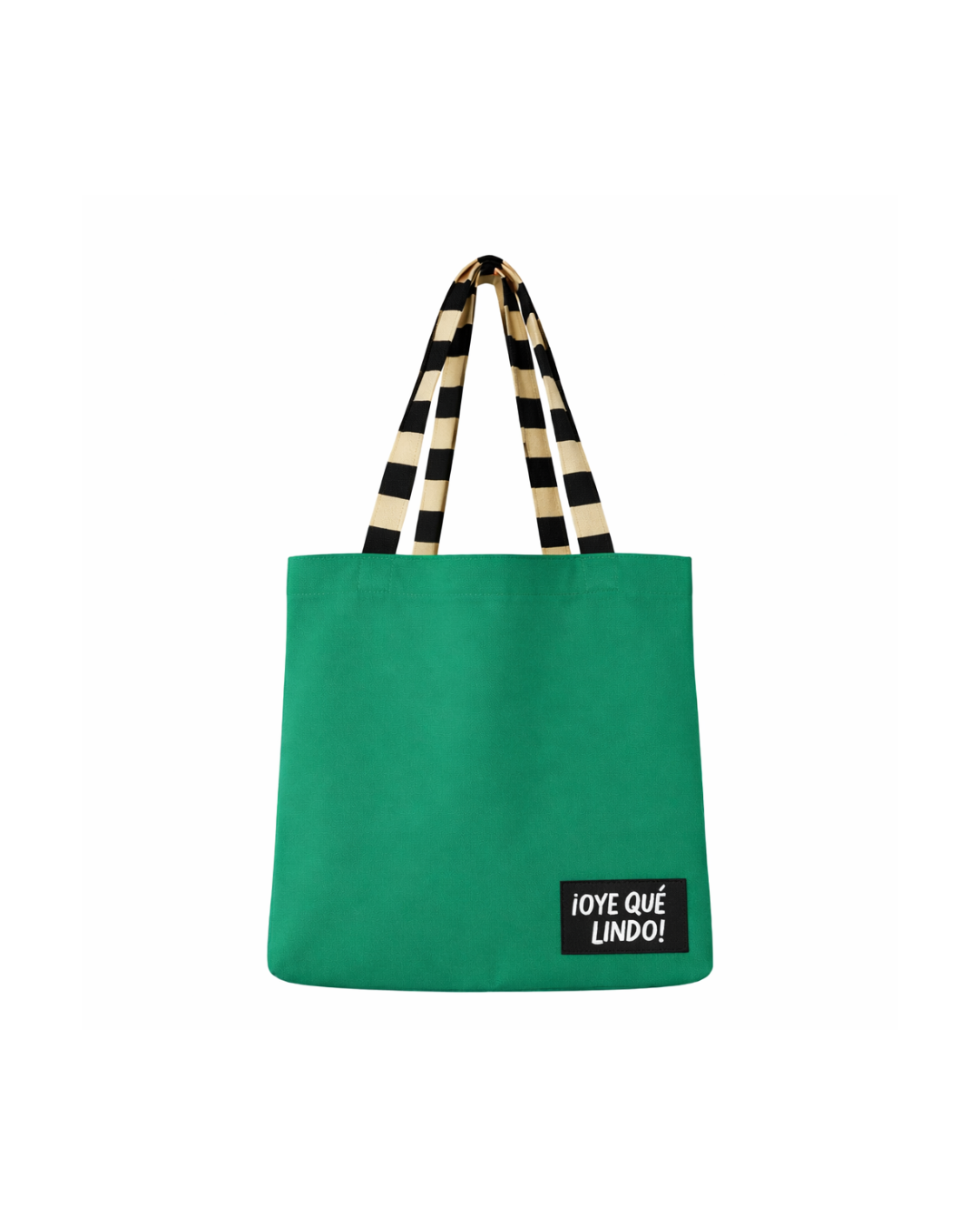 totebag verde con asa de en color verde y amarillo, con otra cara en diseño colorido